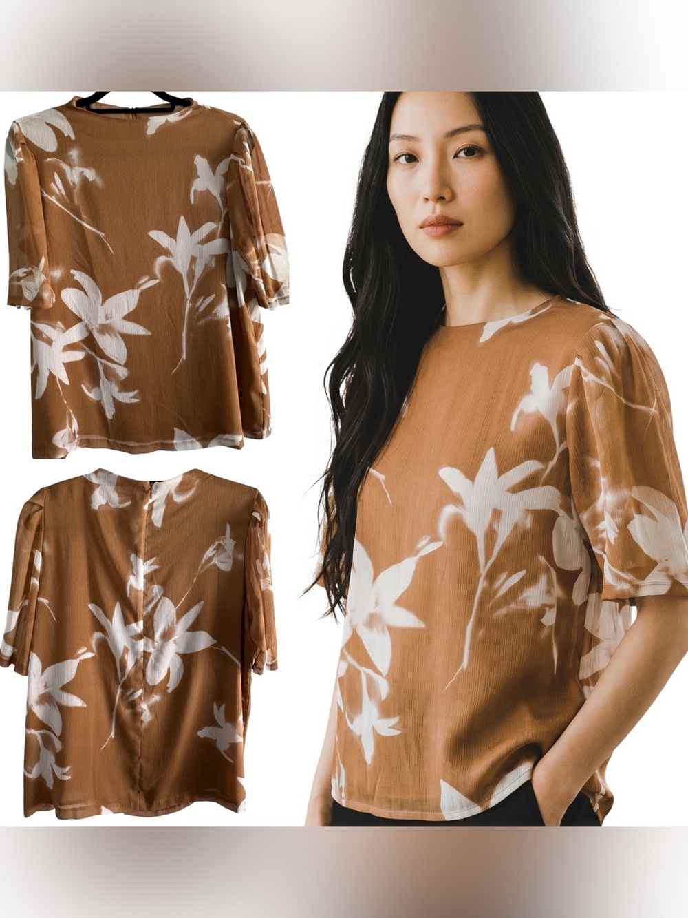 Calvin Klein Tan Blouse White Floral Print Short Sheer Sleeves Lined Size Large